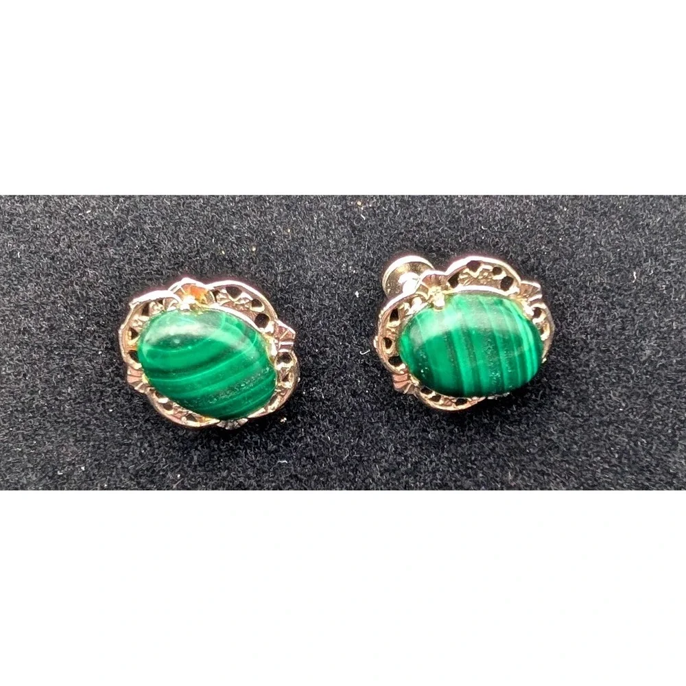 Vintage Malachite Screw Back Earrings Silver Tone Filigree Green Oval Cabochon